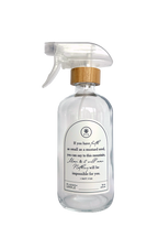 Clear glass Mustard Seed multipurpose Gratitude Bottle with spray pump.