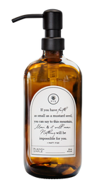 Amber glass Mustard Seed multipurpose Gratitude Bottle with black pump.