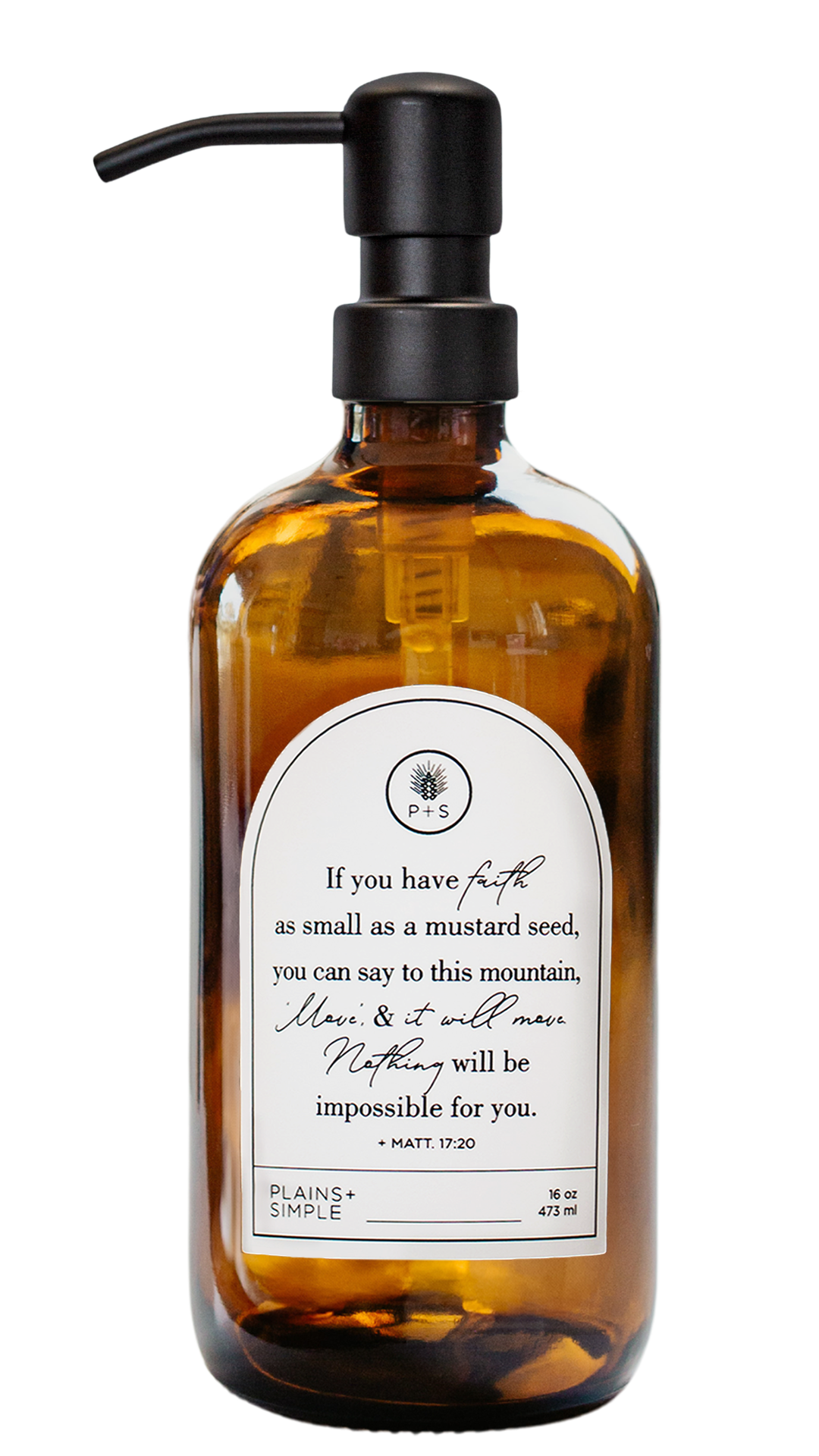 Amber glass Mustard Seed multipurpose Gratitude Bottle with black pump.