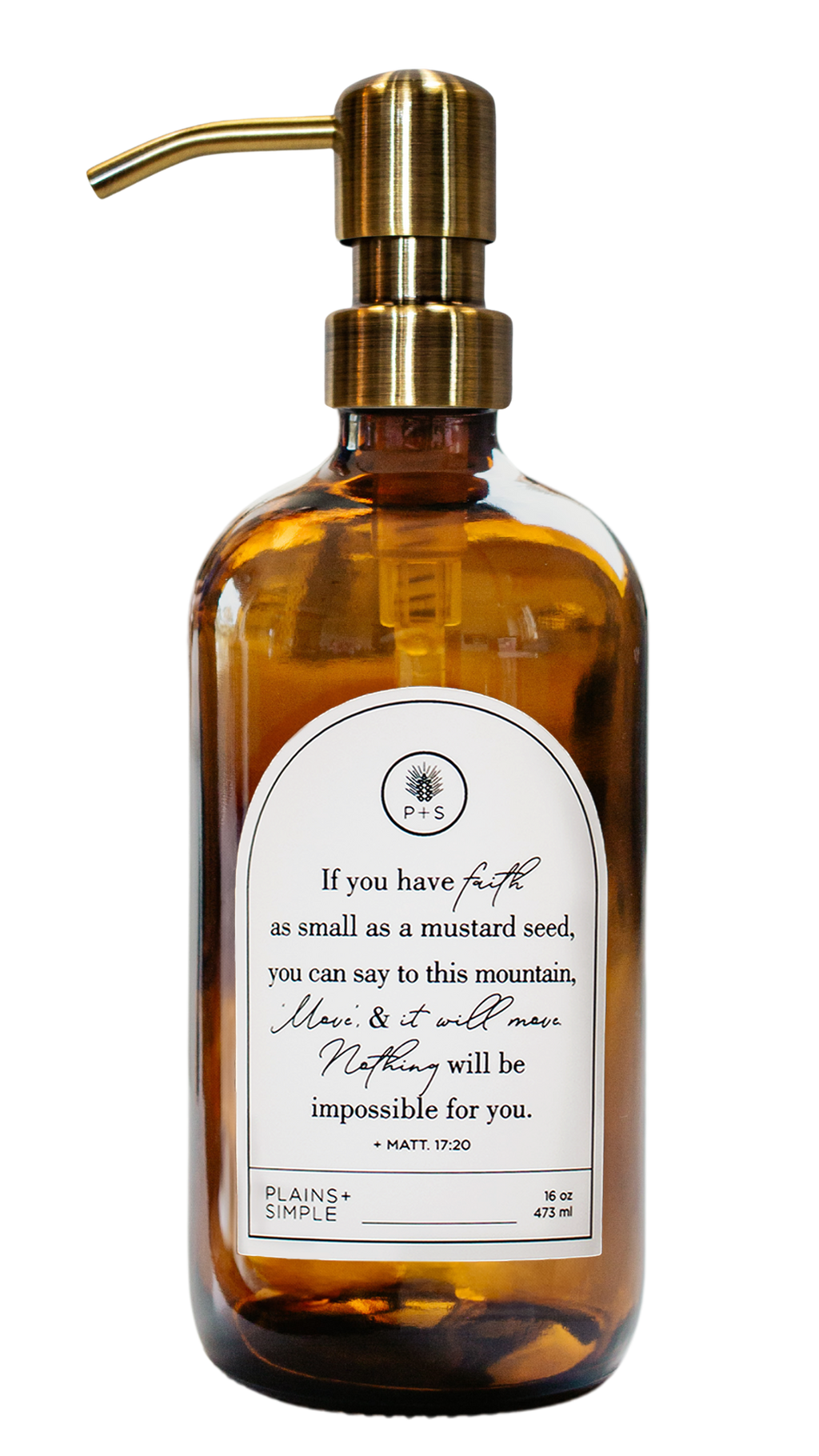 Amber glass Mustard Seed multipurpose Gratitude Bottle with gold pump.