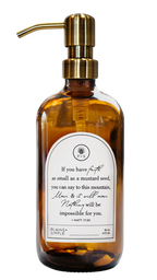 Amber glass Mustard Seed multipurpose Gratitude Bottle with gold pump.