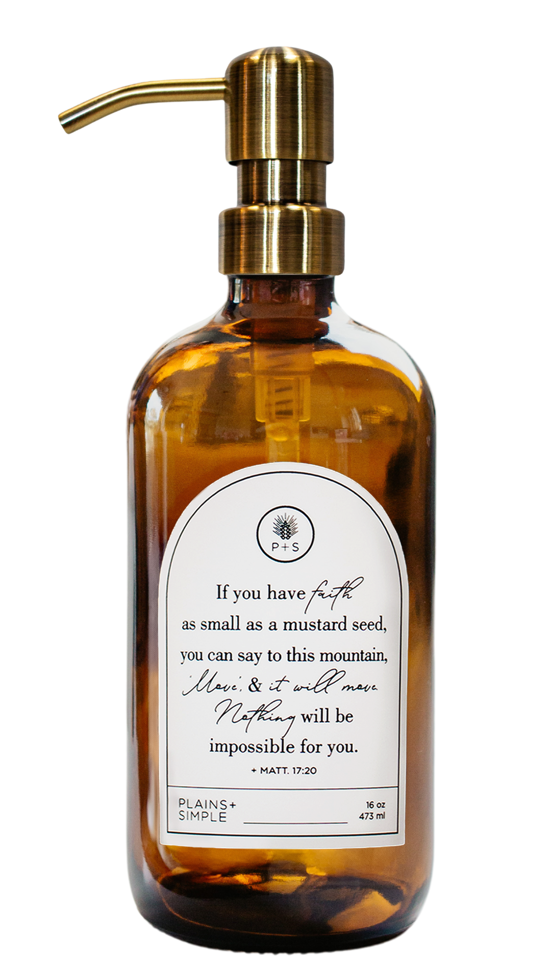 Amber glass Mustard Seed multipurpose Gratitude Bottle with gold pump.