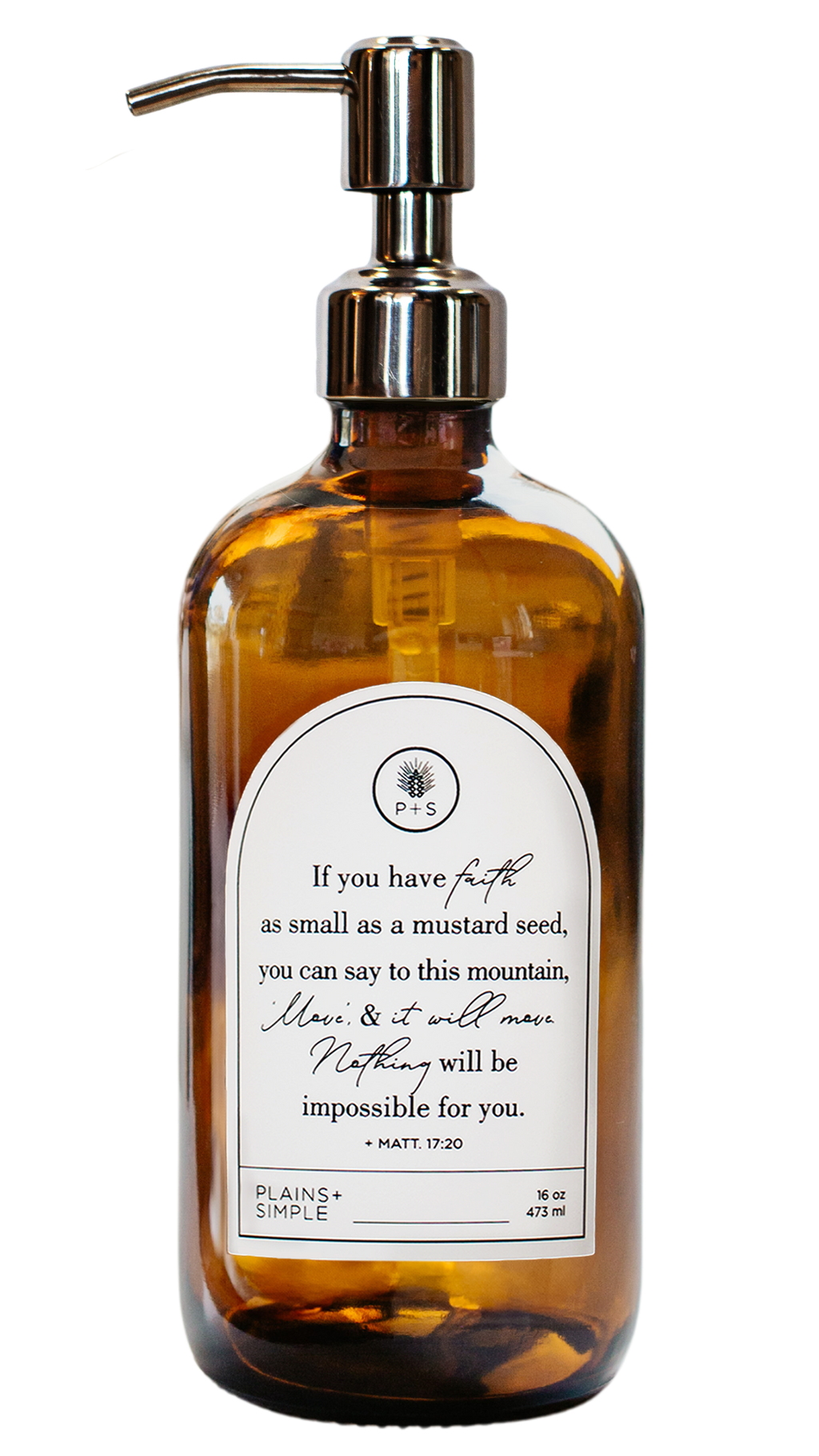 Amber glass Mustard Seed multipurpose Gratitude Bottle with silver pump.