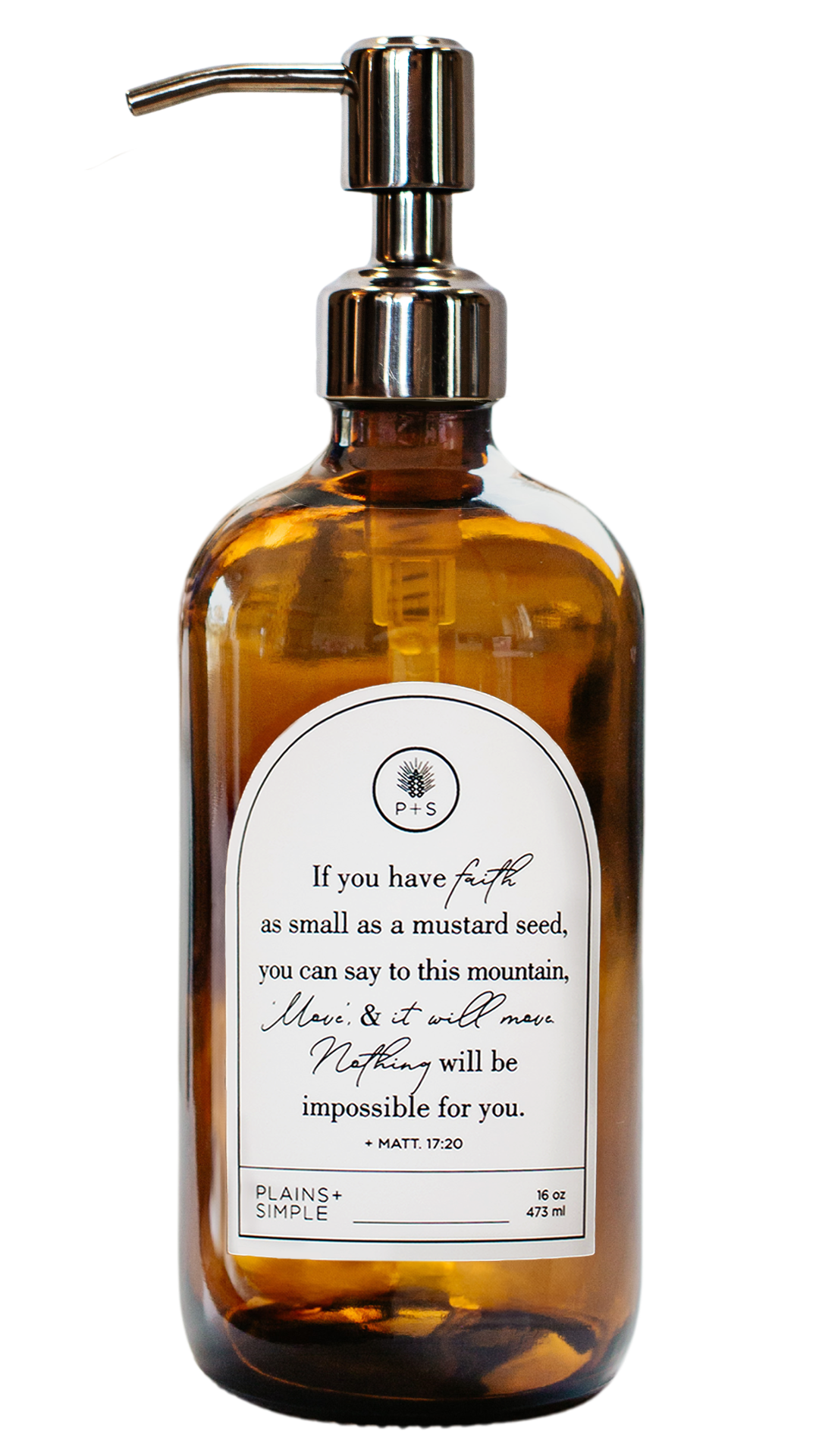 Amber glass Mustard Seed multipurpose Gratitude Bottle with silver pump.