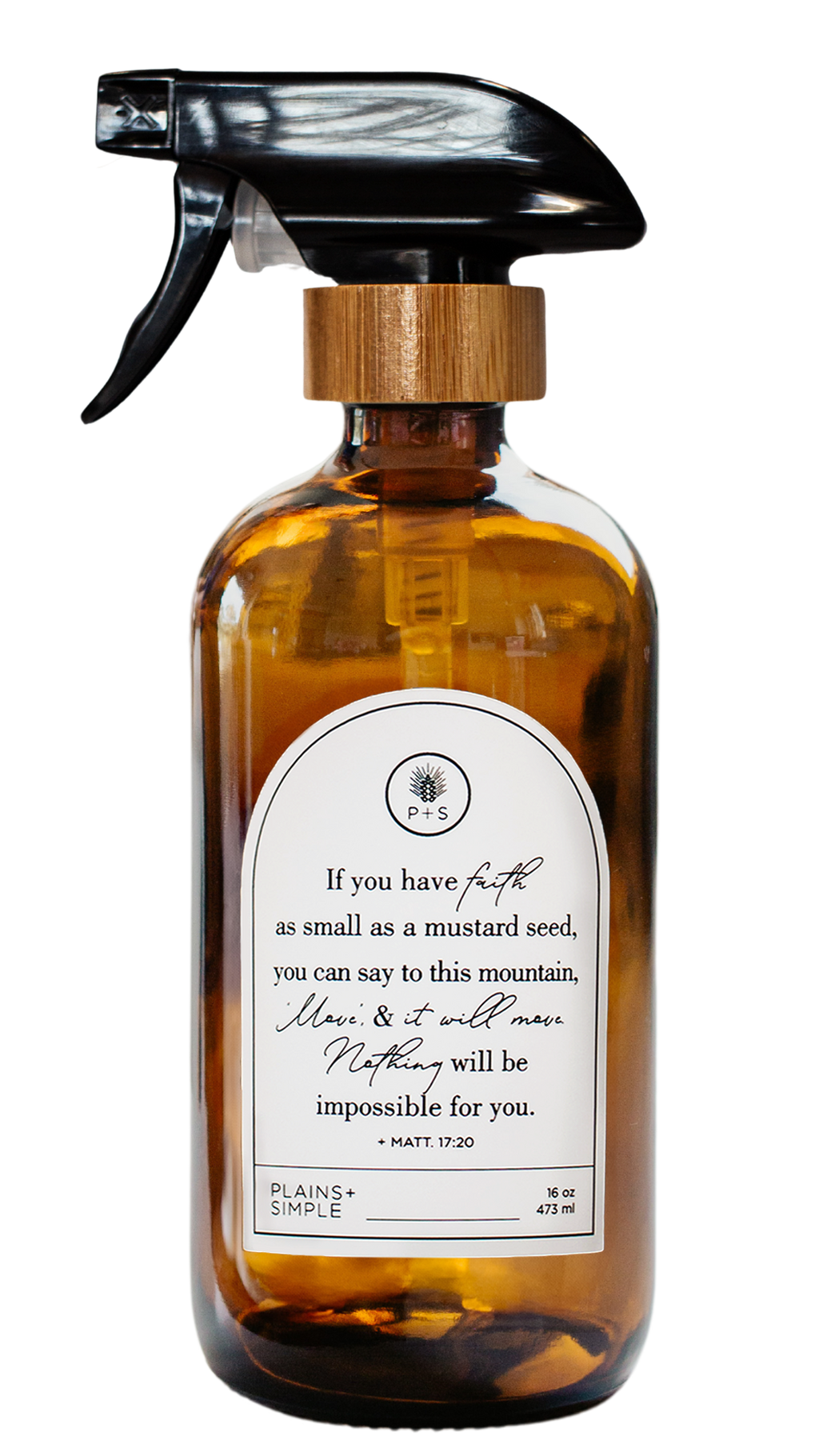 Amber glass Mustard Seed multipurpose Gratitude Bottle with spray pump.