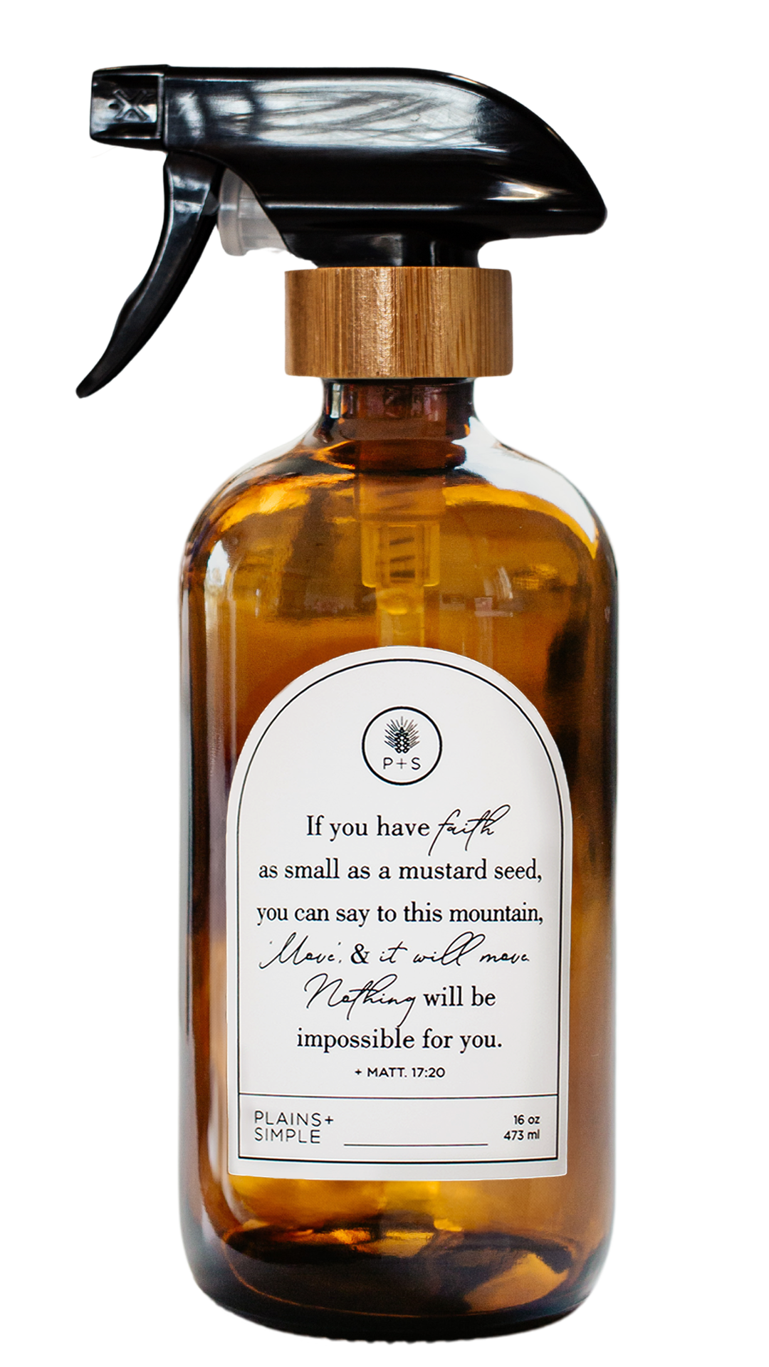 Amber glass Mustard Seed multipurpose Gratitude Bottle with spray pump.