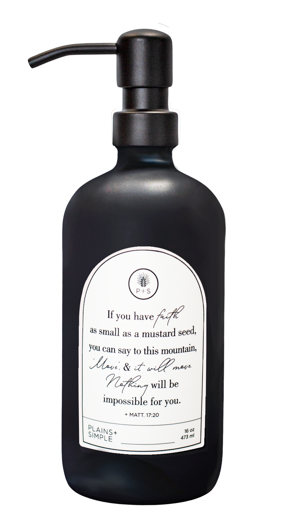 Black glass Mustard Seed multipurpose Gratitude Bottle with black pump.