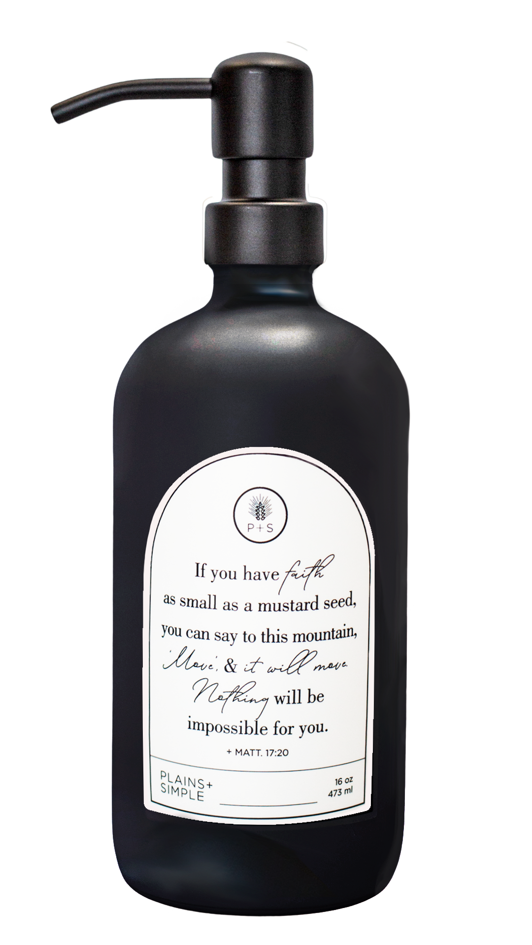 Black glass Mustard Seed multipurpose Gratitude Bottle with black pump.