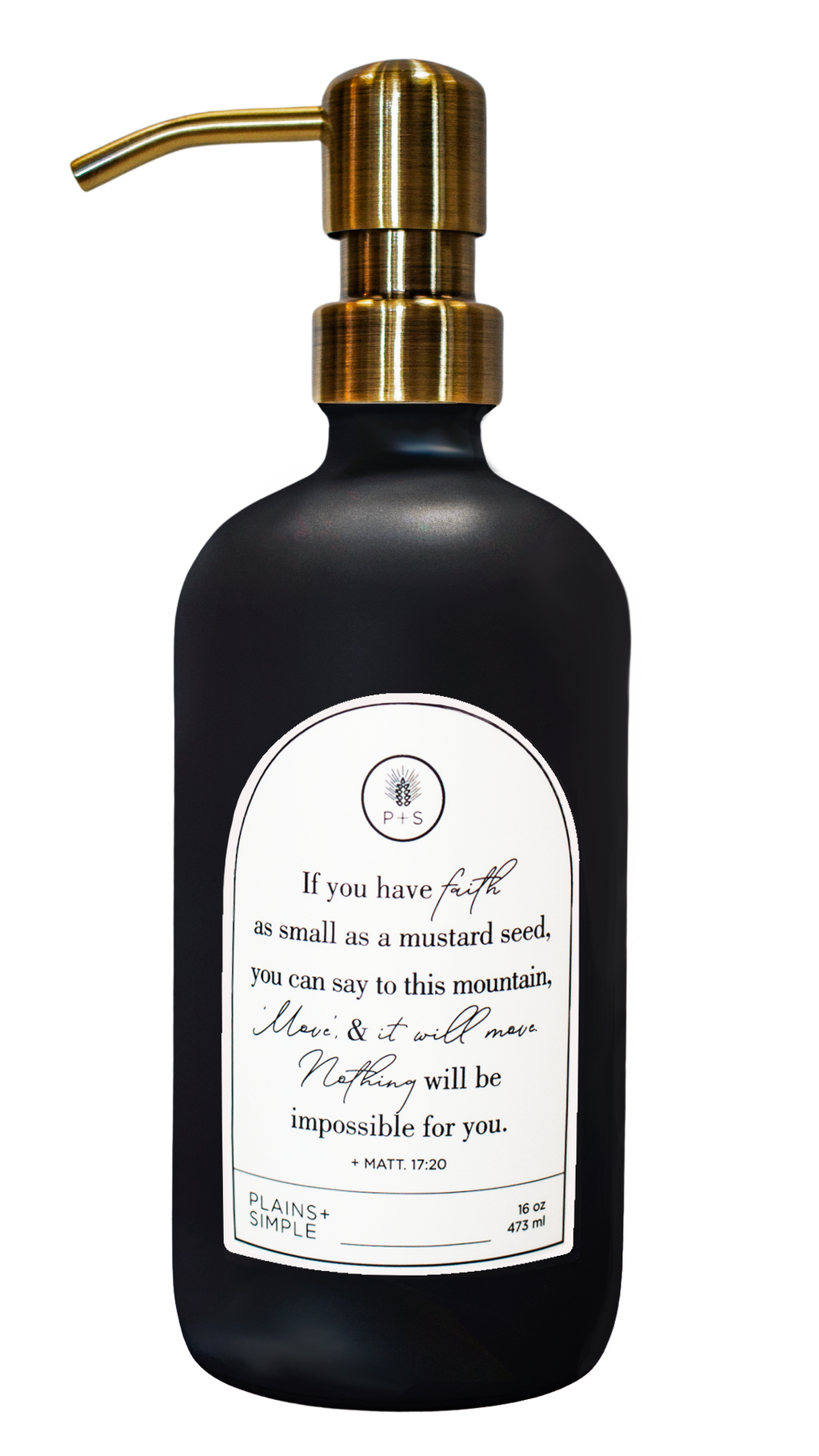 Black glass Mustard Seed multipurpose Gratitude Bottle with gold pump.