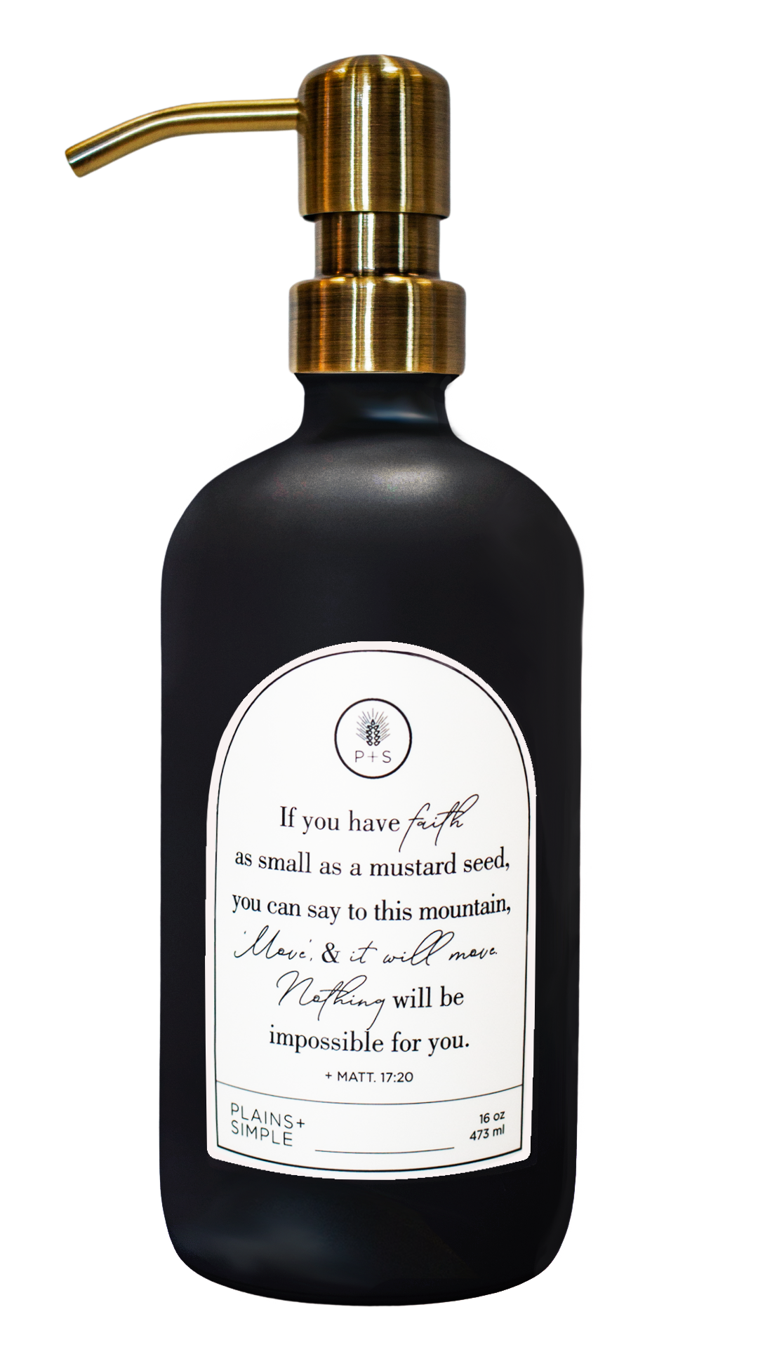 Black glass Mustard Seed multipurpose Gratitude Bottle with gold pump.