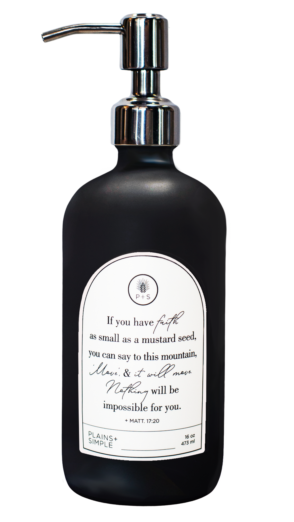 Black glass Mustard Seed multipurpose Gratitude Bottle with silver pump.