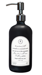 Black glass Mustard Seed multipurpose Gratitude Bottle with silver pump.