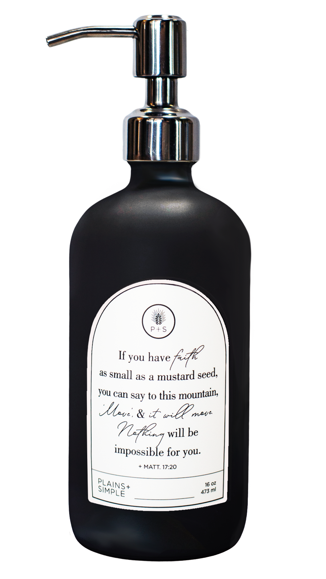 Black glass Mustard Seed multipurpose Gratitude Bottle with silver pump.