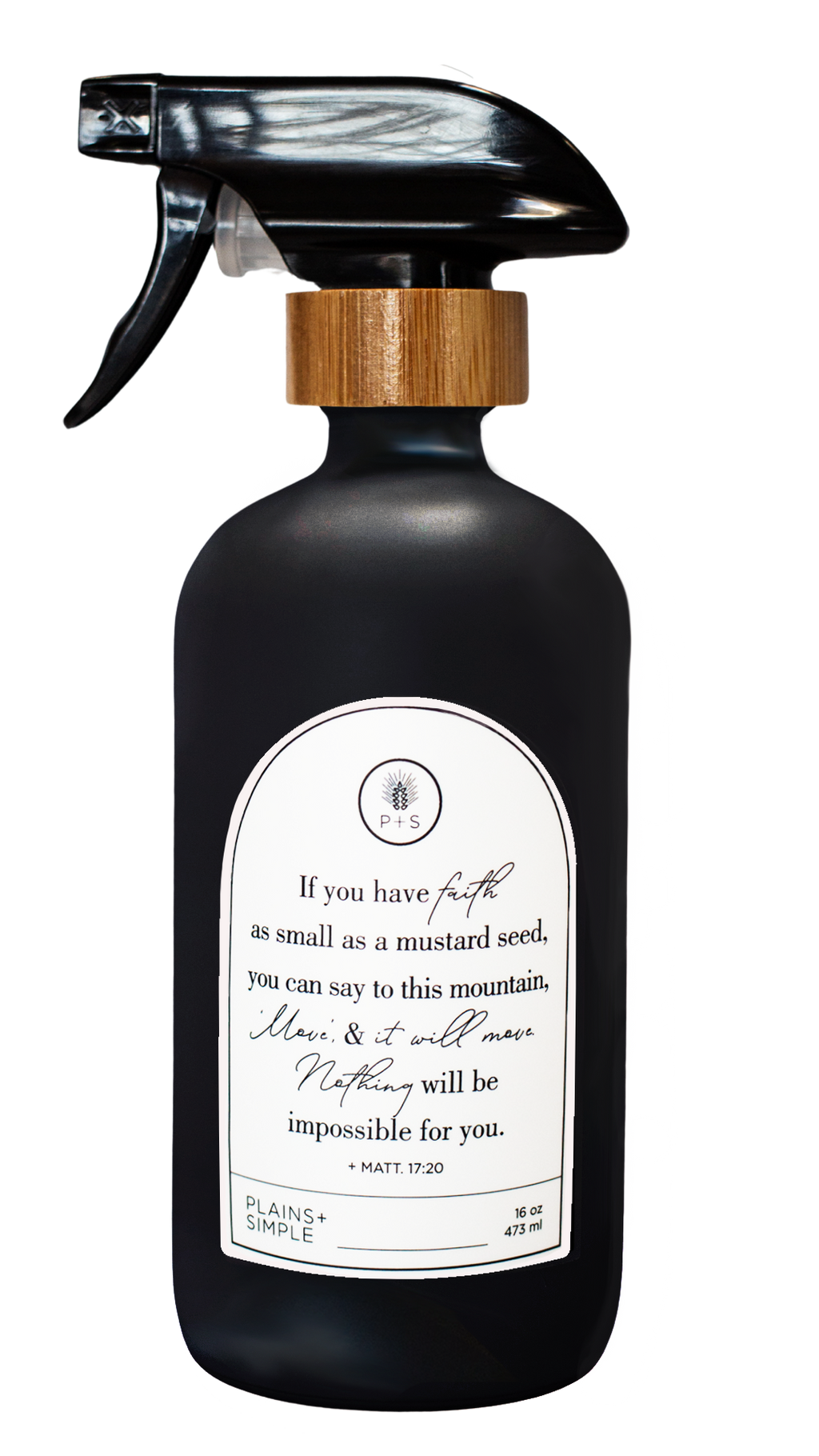 Black glass Mustard Seed multipurpose Gratitude Bottle with spray pump.