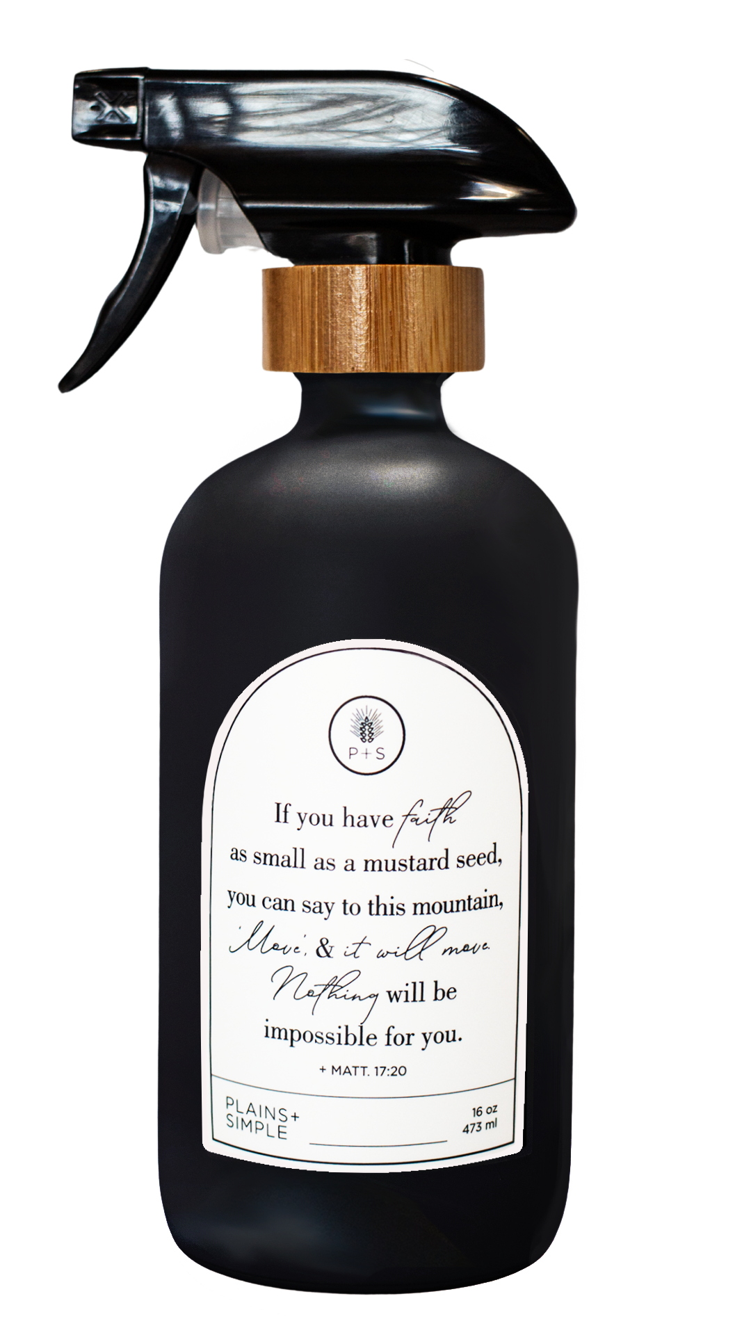 Black glass Mustard Seed multipurpose Gratitude Bottle with spray pump.