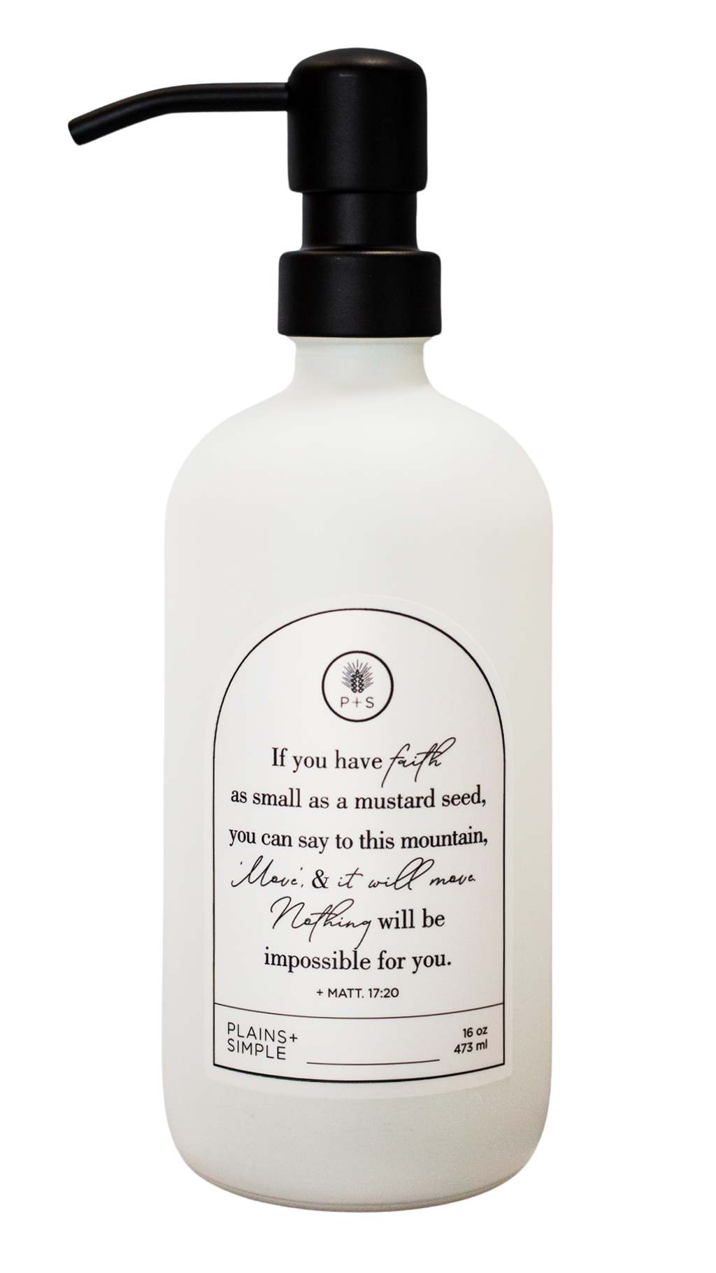 White glass Mustard Seed multipurpose Gratitude Bottle with black pump.