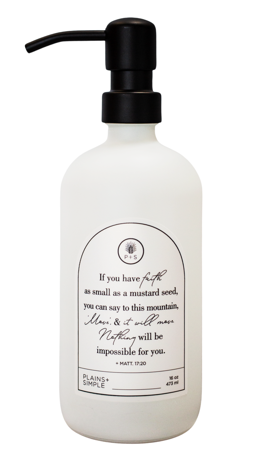 White glass Mustard Seed multipurpose Gratitude Bottle with black pump.