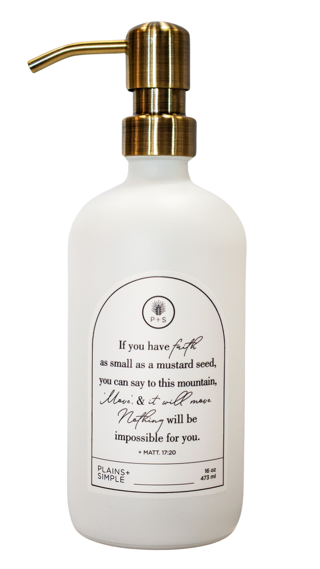 White glass Mustard Seed multipurpose Gratitude Bottle with gold pump.
