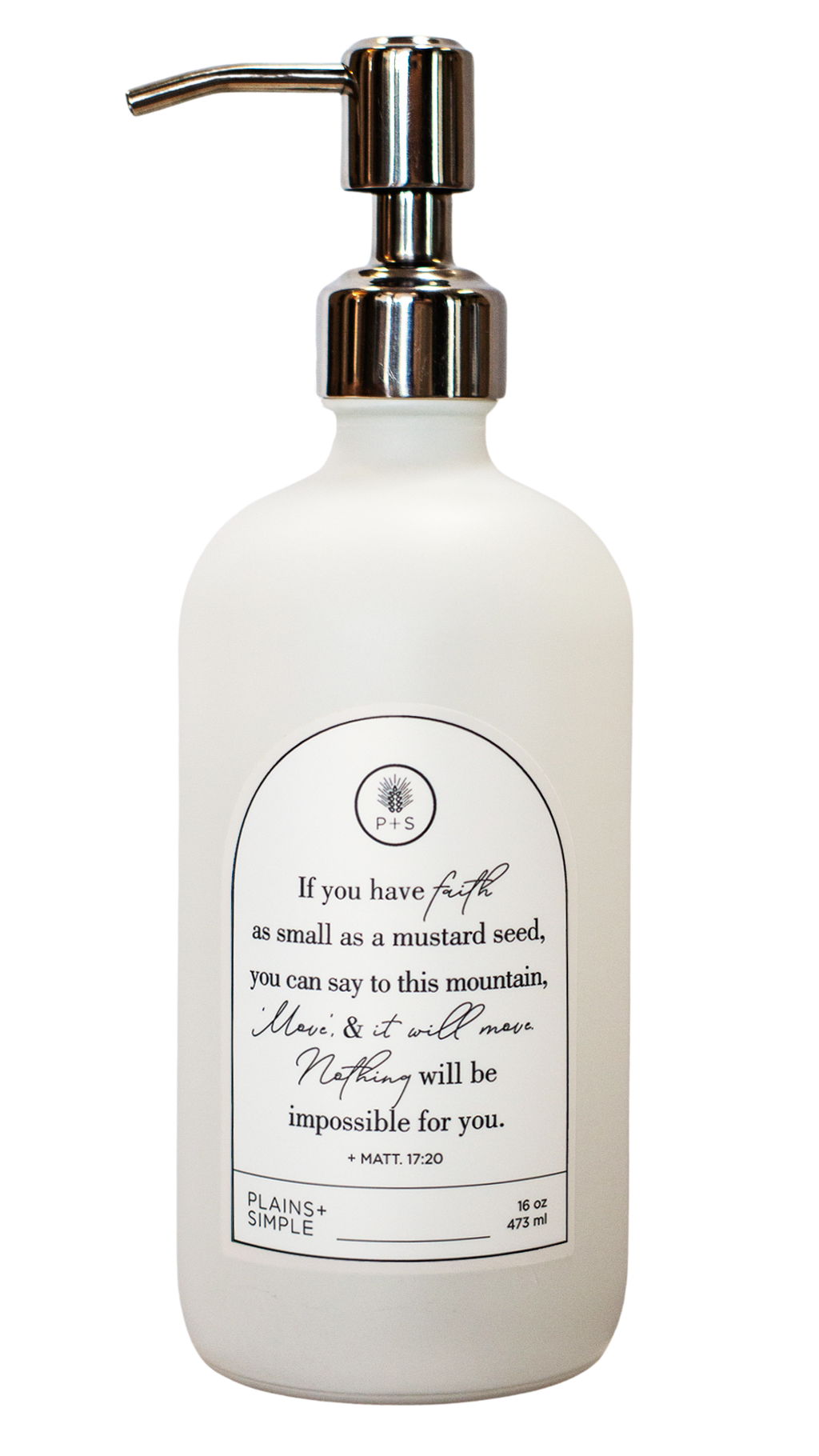 White glass Mustard Seed multipurpose Gratitude Bottle with silver pump.