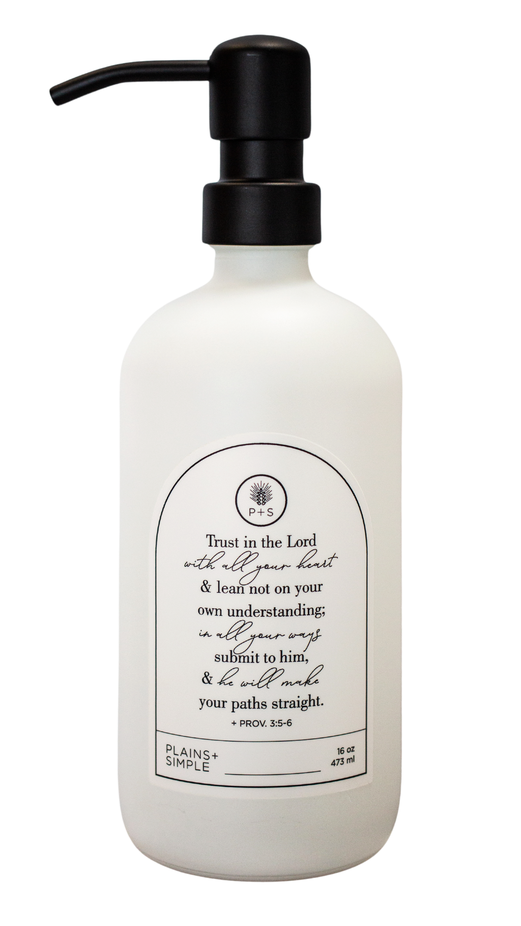 White glass Trust multipurpose Gratitude Bottle with black pump.