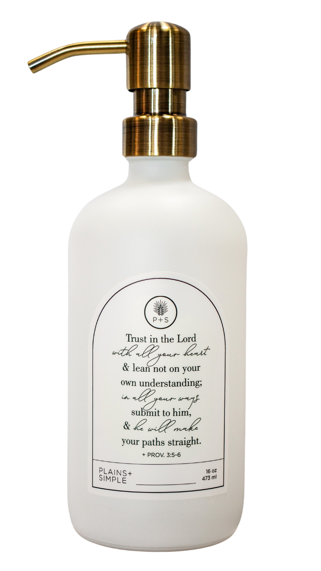 White glass Trust multipurpose Gratitude Bottle with gold pump.