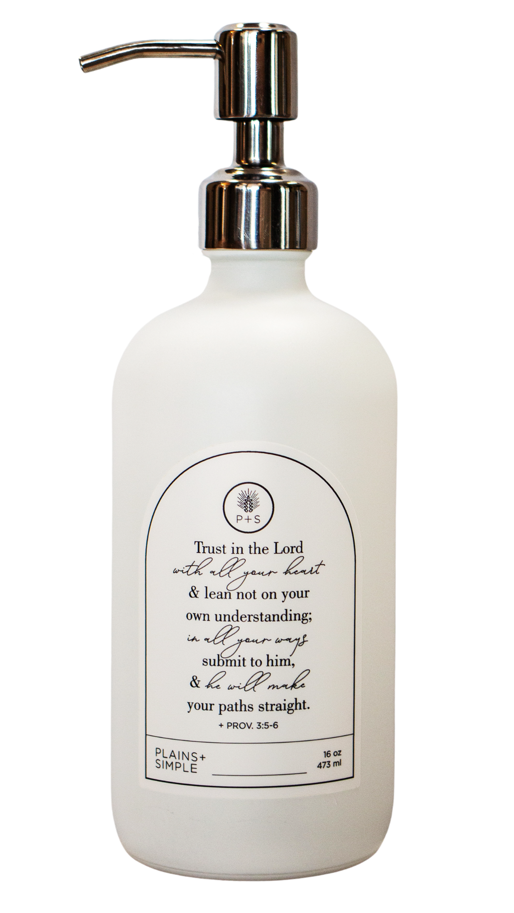 White glass Trust multipurpose Gratitude Bottle with silver pump.