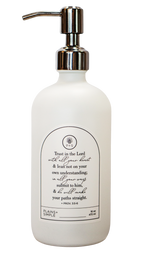 White glass Trust multipurpose Gratitude Bottle with silver pump.