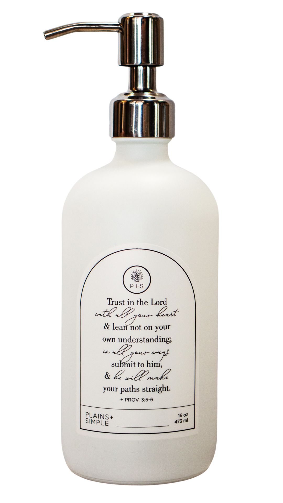 White glass Trust multipurpose Gratitude Bottle with silver pump.