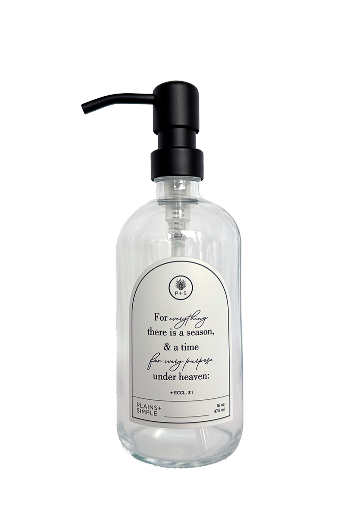 Clear glass Seasons multipurpose Gratitude Bottle with black pump.