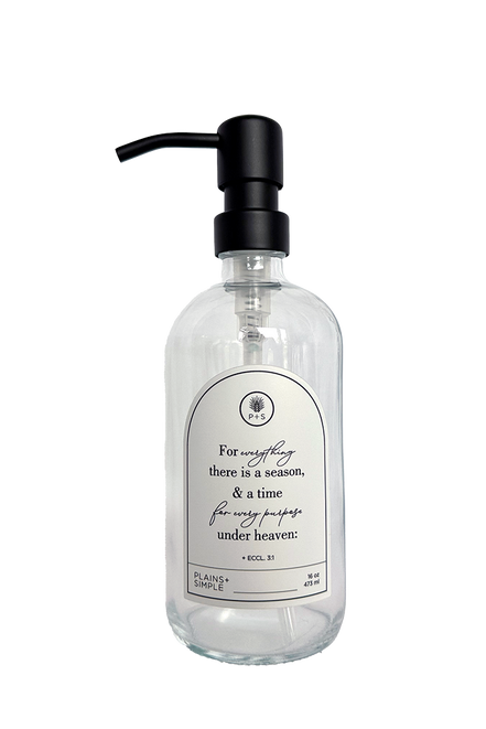 Clear glass Seasons multipurpose Gratitude Bottle with black pump.