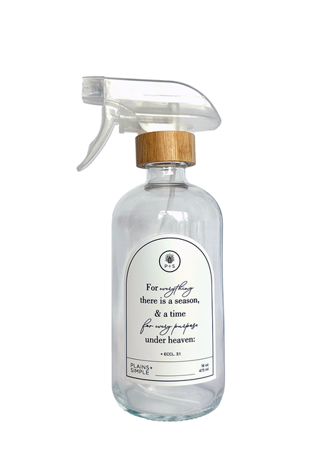Clear glass Seasons multipurpose Gratitude Bottle with spray pump.