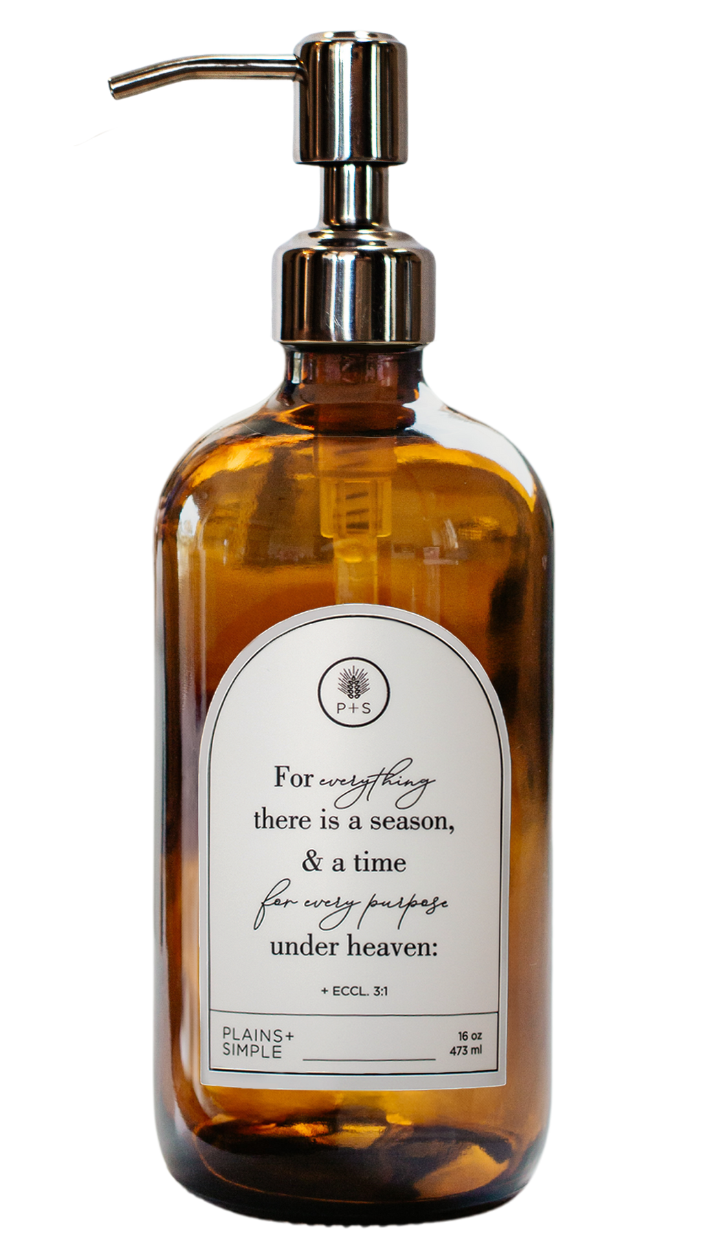 Amber glass Seasons multipurpose Gratitude Bottle with silver pump.