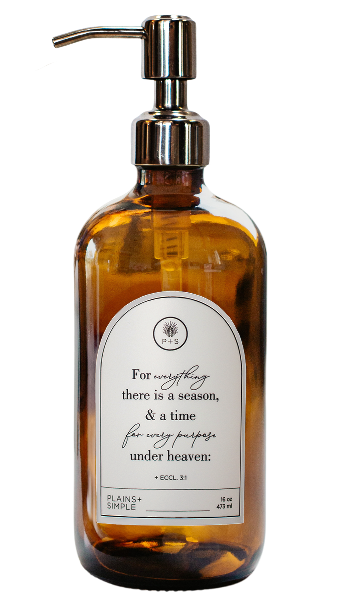 Amber glass Seasons multipurpose Gratitude Bottle with silver pump.