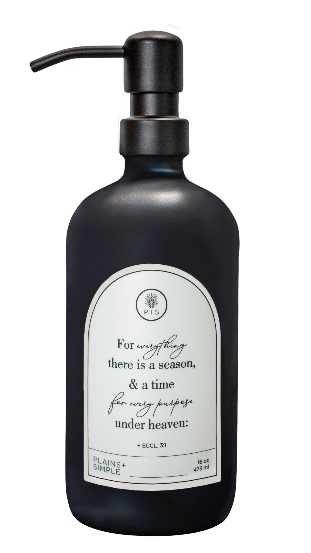 Black glass Seasons multipurpose Gratitude Bottle with black pump.