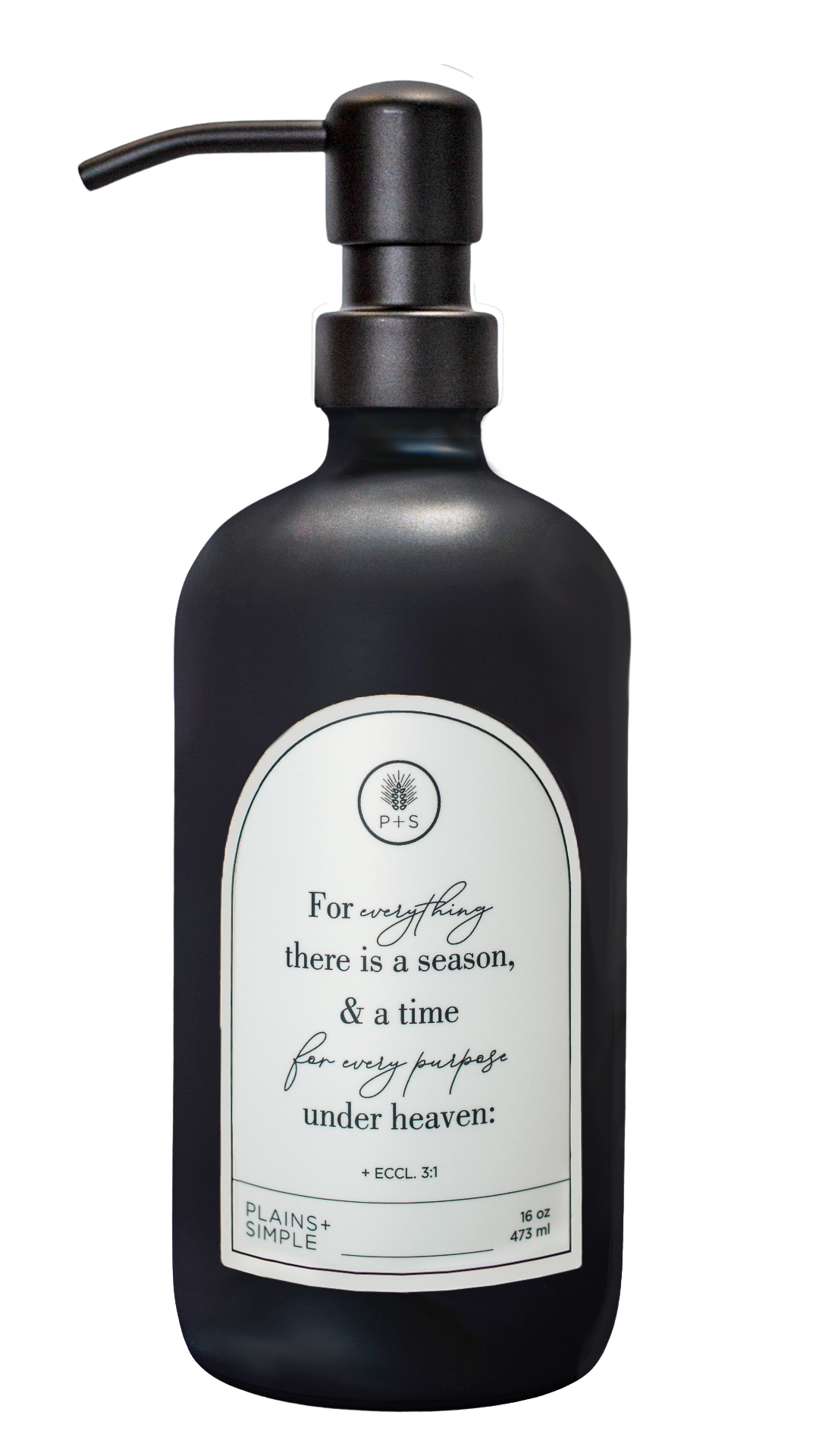 Black glass Seasons multipurpose Gratitude Bottle with black pump.