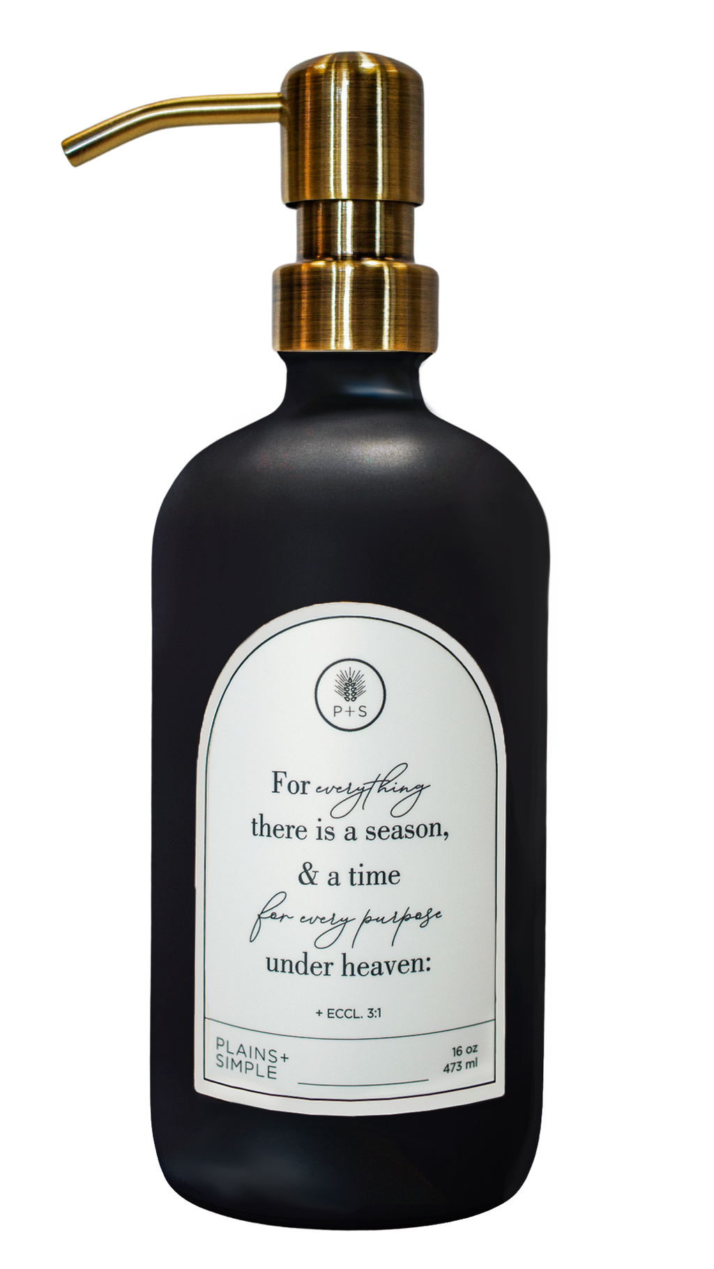 Black glass Seasons multipurpose Gratitude Bottle with gold pump.