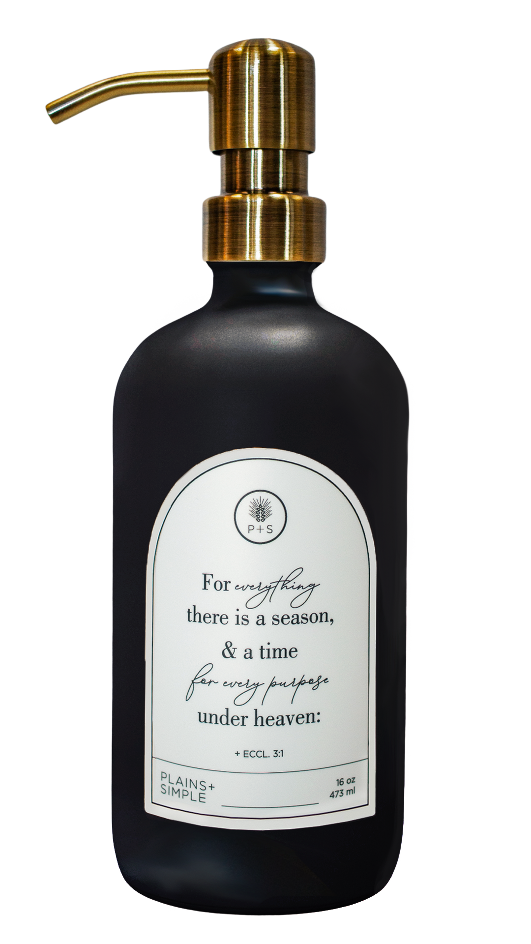 Black glass Seasons multipurpose Gratitude Bottle with gold pump.