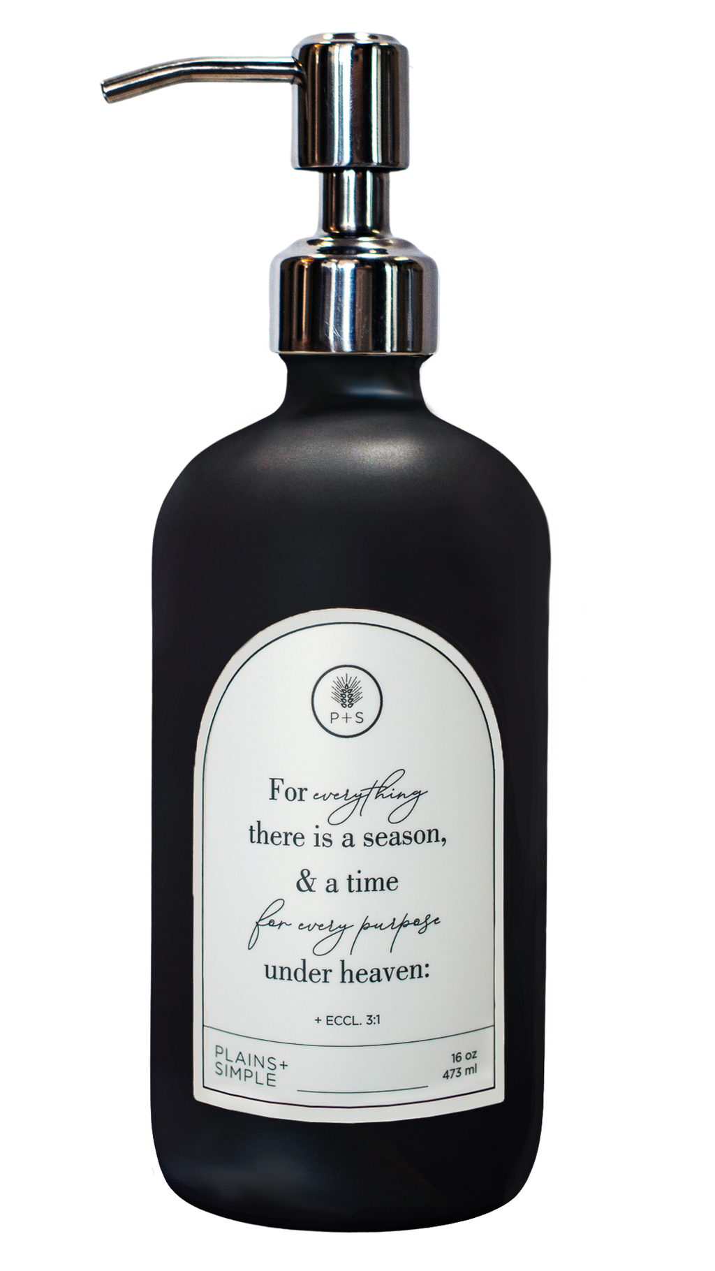 Black glass Seasons multipurpose Gratitude Bottle with silver pump.