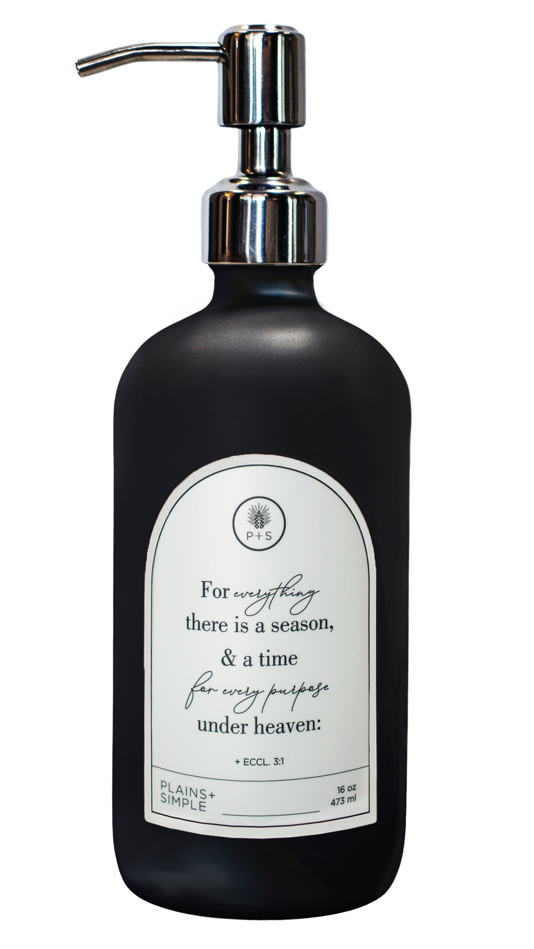 Black glass Seasons multipurpose Gratitude Bottle with silver pump.