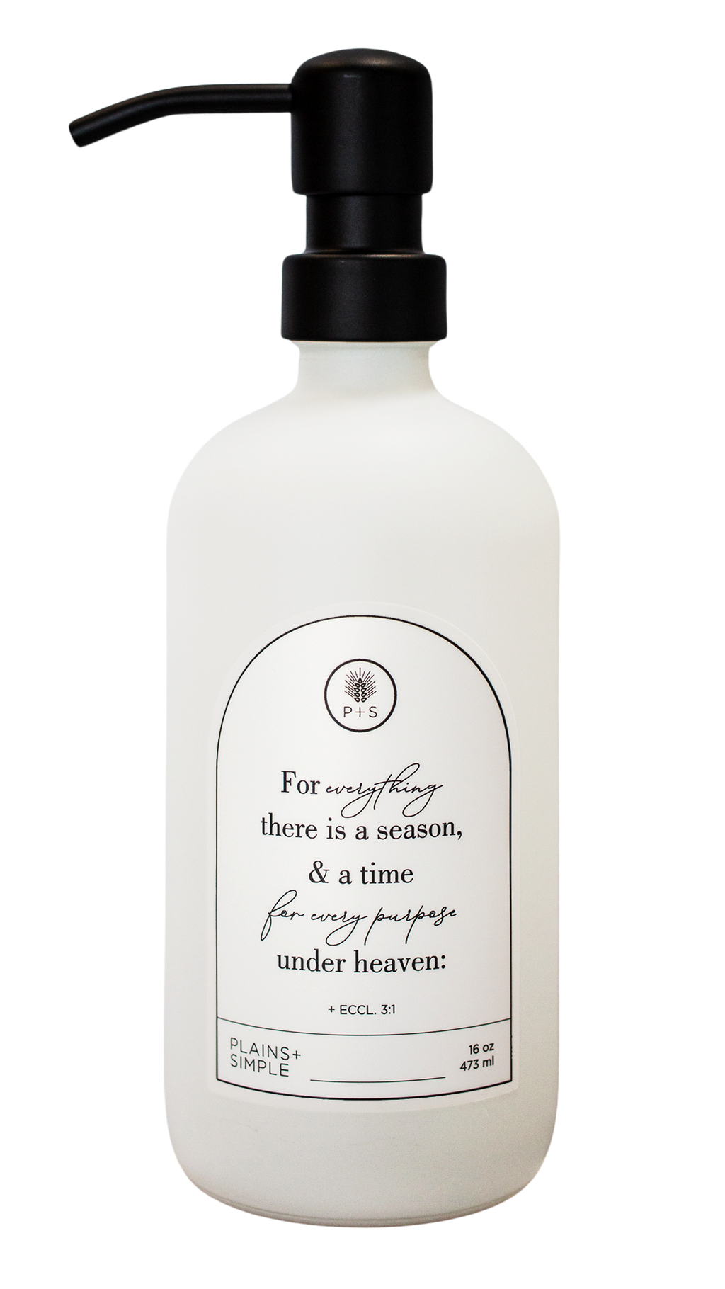 White glass Seasons multipurpose Gratitude Bottle with black pump.