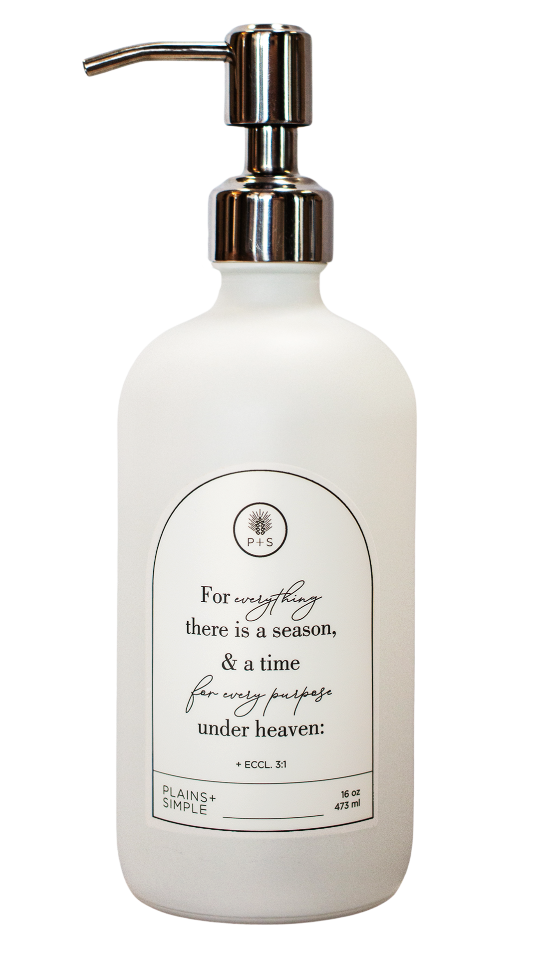 White glass Seasons multipurpose Gratitude Bottle with silver pump