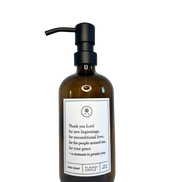 Amber glass Thank You Lord dish soap Gratitude Bottle with black pump.