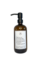 Amber glass Thank You Lord dish soap Gratitude Bottle with black pump.