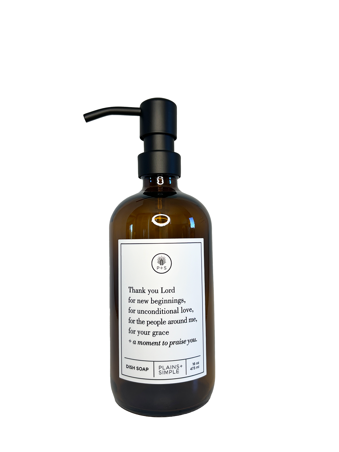 Amber glass Thank You Lord dish soap Gratitude Bottle with black pump.