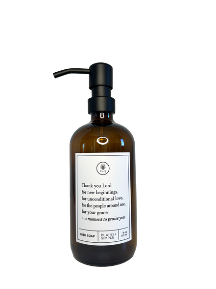 Amber glass Thank You Lord dish soap Gratitude Bottle with black pump.