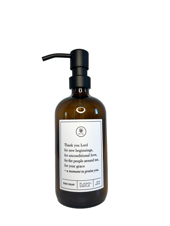 Amber glass Thank You Lord dish soap Gratitude Bottle with black pump.