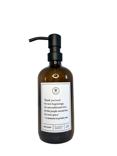 Amber glass Thank You Lord dish soap Gratitude Bottle with black pump.