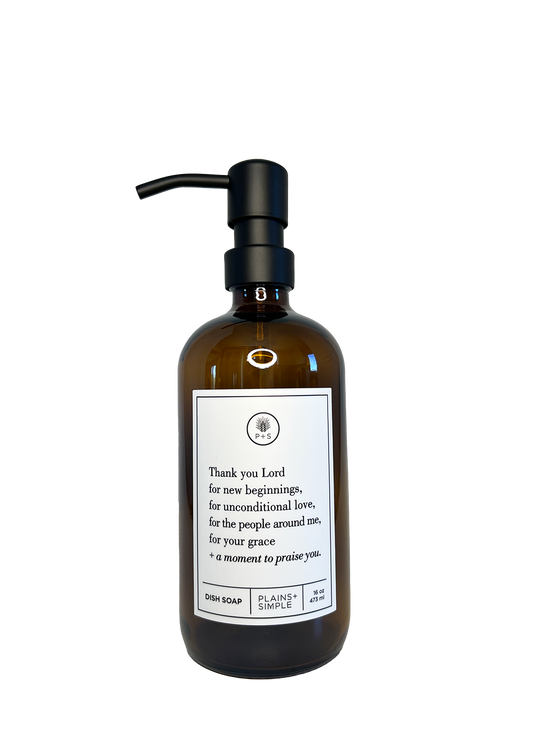 Amber glass Thank You Lord dish soap Gratitude Bottle with black pump.
