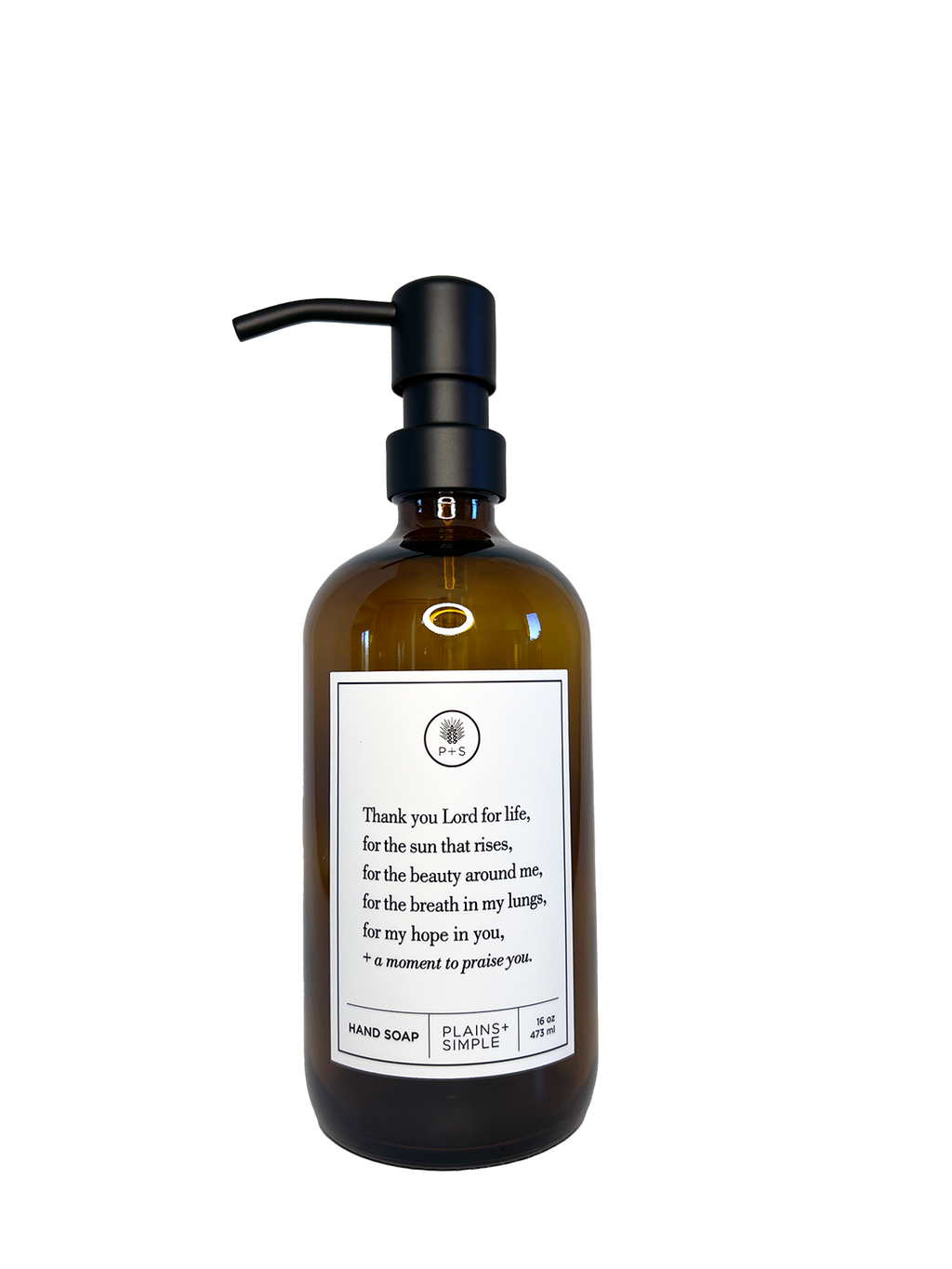 Amber glass Thank You Lord hand soap Gratitude Bottle with black pump.