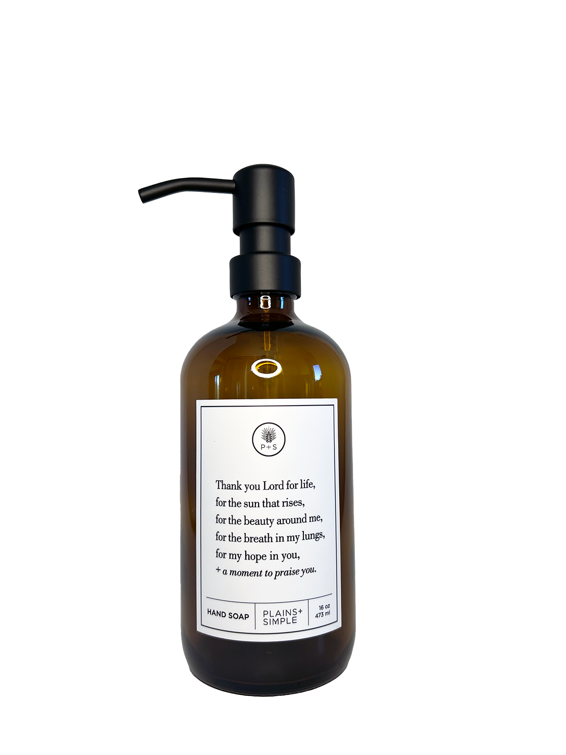 Amber glass Thank You Lord hand soap Gratitude Bottle with black pump.